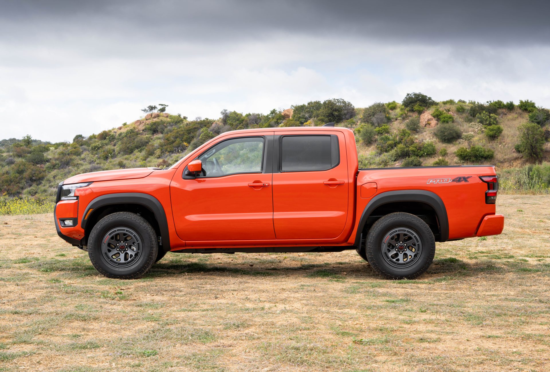 Nissan Frontier 2025 vue de profil et stationné sur l'herbe en pleine campagne