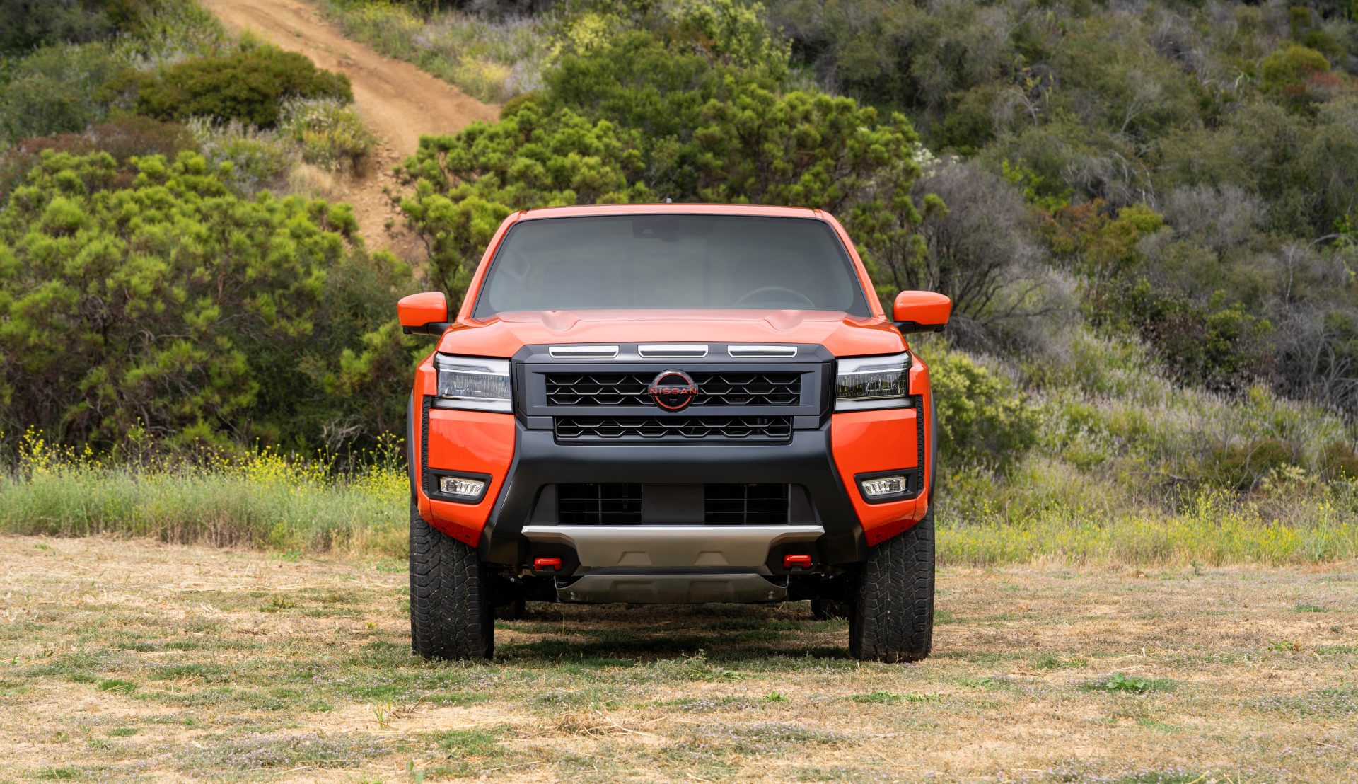 Nissan Frontier 2025 vue de face et stationné sur l'herbe en pleine campagne