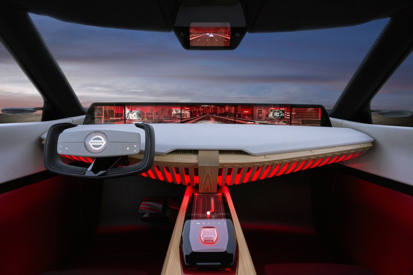 tableau de bord du véhicule concept Nissan Xmotion dénudé de toute commande ou de bouton