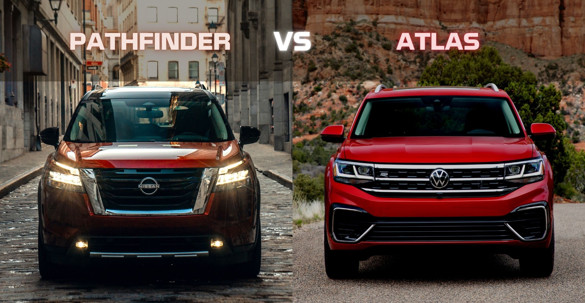 Vue avant du Nissan Pathfinder 2022 vs le VW Atlas 2021